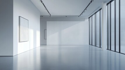 A minimalist art gallery with large windows and empty walls, designed for exhibitions.