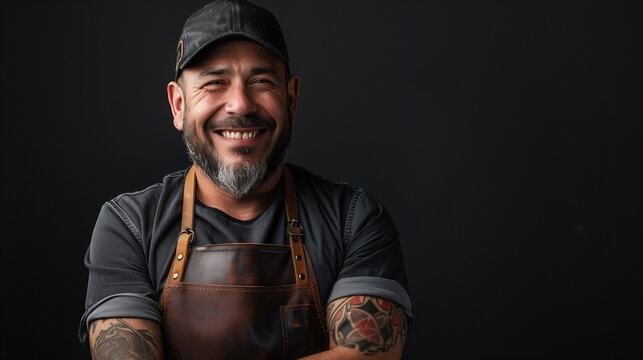 Portrait of a smiling man, male BBQ expert with an apron, arms confidently crossed. He is wearing a casual black cap, exuding warmth and professionalism. Perfect for use in marketing campaigns.