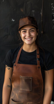 Portrait of a smiling woman, female BBQ expert with an apron, arms confidently crossed. He is wearing a casual black cap, exuding warmth and professionalism. Perfect for use in marketing campaigns.