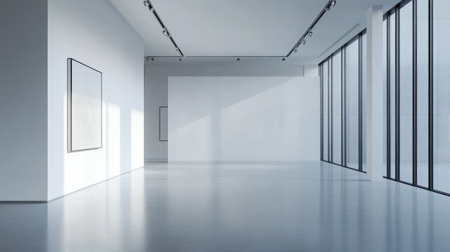 A minimalist art gallery with large windows and empty walls, designed for exhibitions.