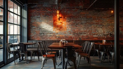Cozy restaurant interior with exposed brick walls and metal furniture.
