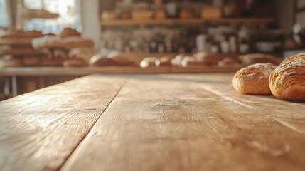 A rustic wooden table with freshly baked bread in a cozy bakery setting.