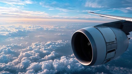 Airplane engine viewed from window during flight above clouds