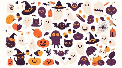 Vector flat color cute Halloween clipart set