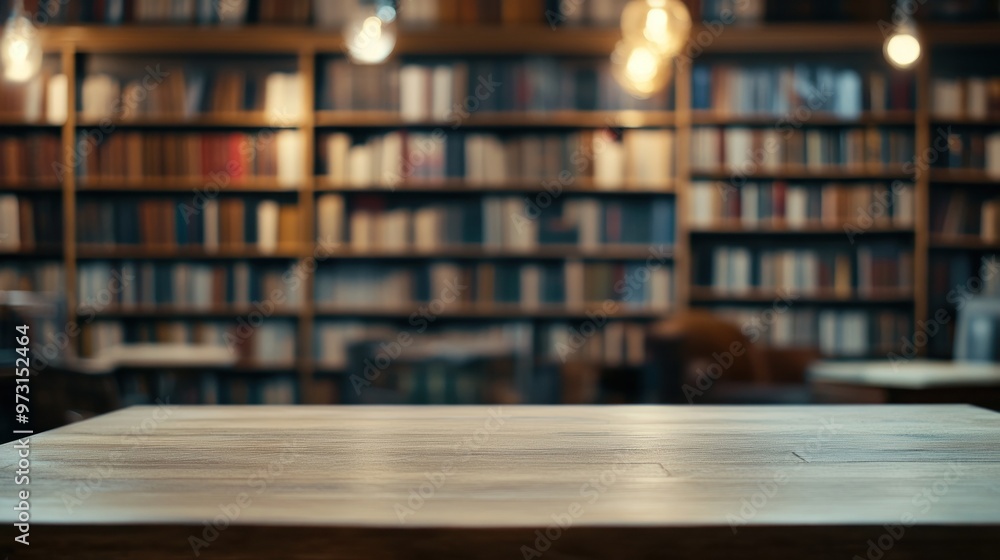 Poster a cozy library setting with a wooden table in the foreground and bookshelves in the background.