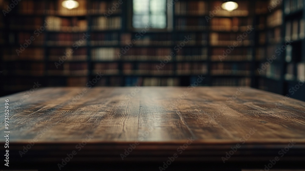 Poster A wooden table in a library setting, emphasizing knowledge and study.