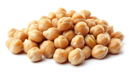 A pile of raw chickpeas, showcasing their round shape and beige color.