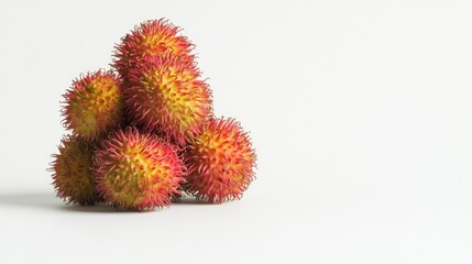 A cluster of vibrant, spiky rambutans on a white background.