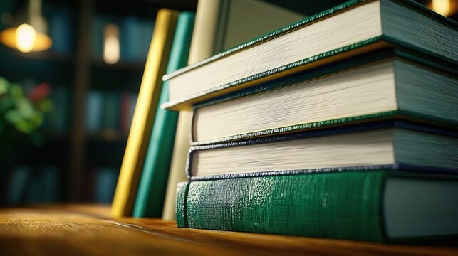 Stack of green hardback books on a wooden table with a bookshelf in the background.