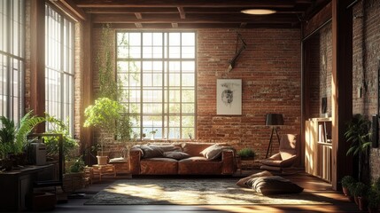 Cozy industrial living space with natural light and plants.