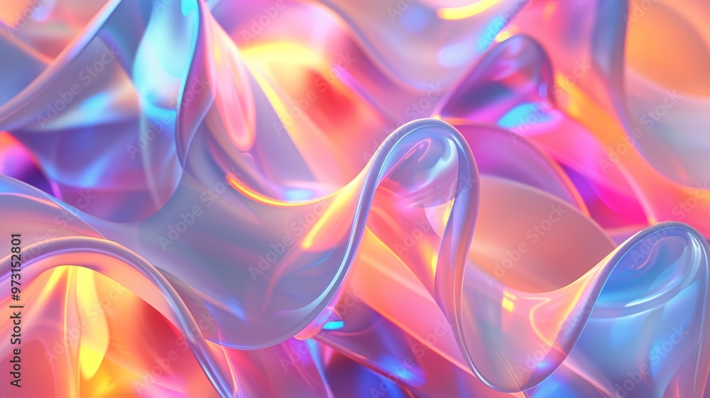 Fototapete Softly glowing holographic shapes layered in a complex, ethereal design with a subtle gradient of colors. Close-up photo with clean background