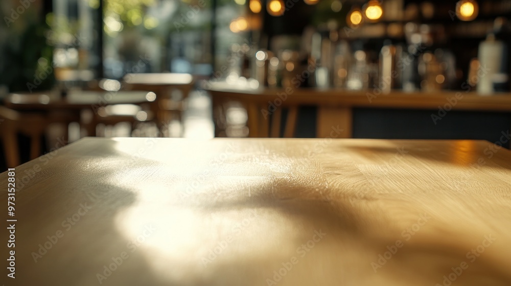 Wall mural A wooden table in a cozy café setting with blurred background ambiance.