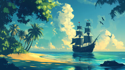 Caribbean island and pirate ship. Pirate Ship. Illustration