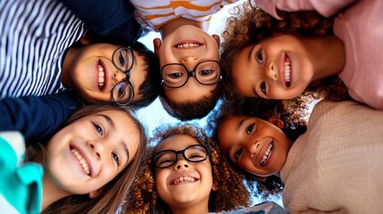 Group of diverse children smiling together against blue sky.