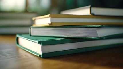 Stack of green hardback books on a wooden table with a bookshelf in the background.