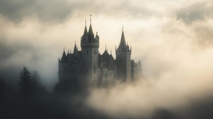 A mystical castle emerges from the fog, evoking a sense of mystery and enchantment.