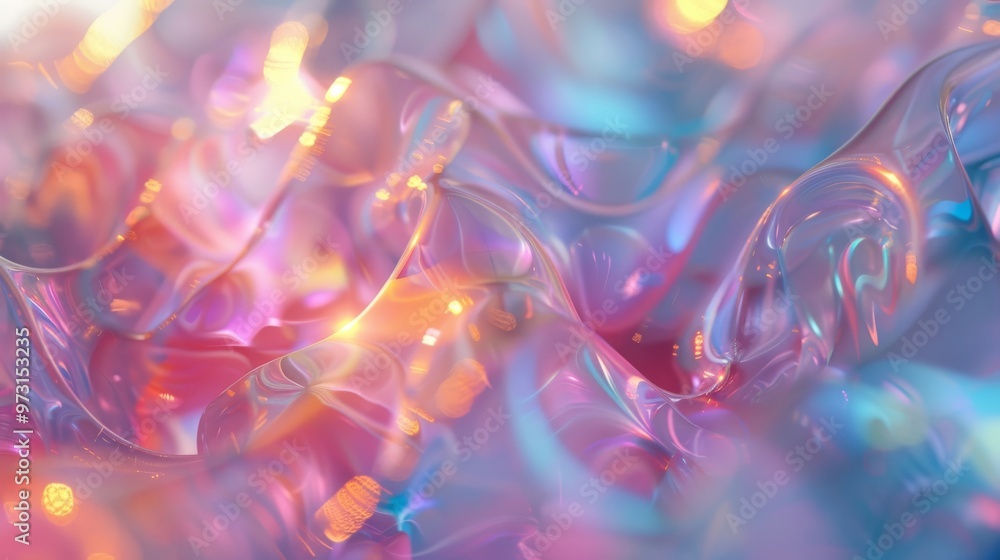 Poster softly glowing holographic shapes layered in a complex, ethereal design with a subtle gradient of co
