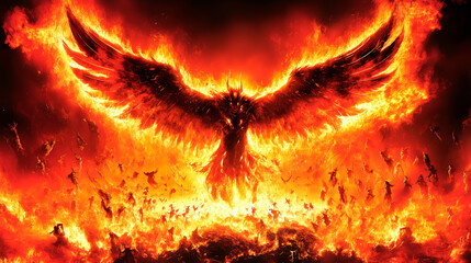 Fiery eagle-like creature rises from flames suggesting themes of the apocalypse Revelation and final judgment.