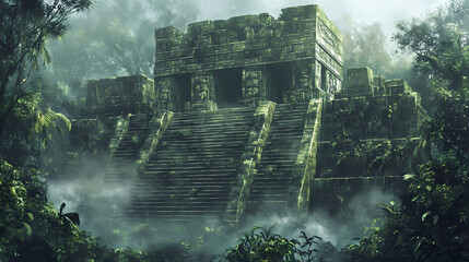 Obraz premium CartMystical printable mural of an ancient mayan temple shrouded in mist perfect for embellishing the wall of a historical museum transporting visitors to a bygone era. Mayan Temple. Illustration