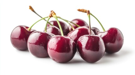 A cluster of fresh, shiny cherries on a white background.