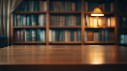 A wooden table in a cozy library with bookshelves and a lamp in the background.