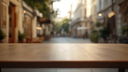 A wooden table in focus, set against a blurred street scene in an urban environment.
