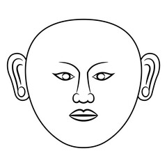 Stylized human face from ancient China. Ethnic Chinese funerary mask. Buddhist symbol. Black and white linear silhouette.