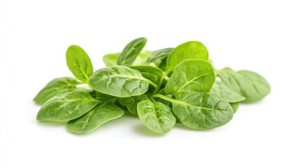 A fresh pile of spinach leaves on a white background, ideal for salads and healthy dishes.