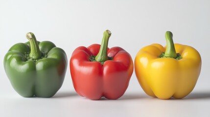 Three colorful bell peppers arranged in a row on a white background.