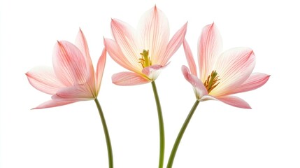 Fototapeta premium Three delicate pink flowers with slender stems against a white background.