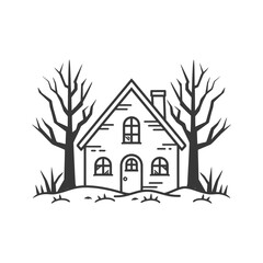 A Simple Line Drawing of a House with Bare Trees