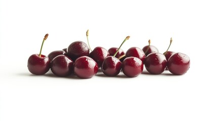 A cluster of fresh cherries with stems against a white background.