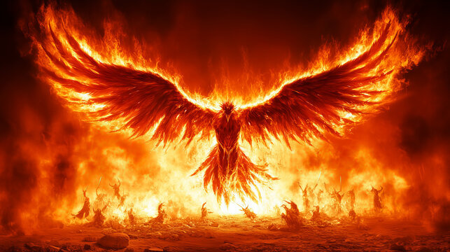 A fiery phoenix rises from flames symbolizing rebirth and the apocalyptic end times as the sky blazes in the background