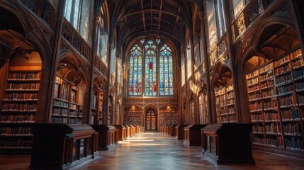 Obraz premium A grand library interior with stained glass windows, bookshelves, and warm lighting.