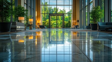 A modern lobby with large windows, reflecting polished floors and greenery outside.