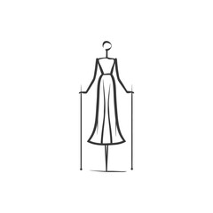 A simple line drawing of a woman in a dress holding two sticks