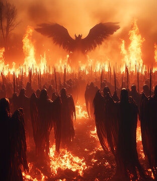 A fiery battleground with dark winged figures facing a giant angelic being amidst flames depicting a scene of the Christian Apocalypse