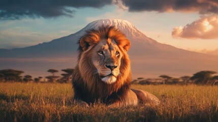 Majestic Lion in Front of Snow-Capped Mountain