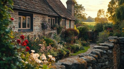 Quaint cottage surrounded by vibrant flowers and greenery at sunset.