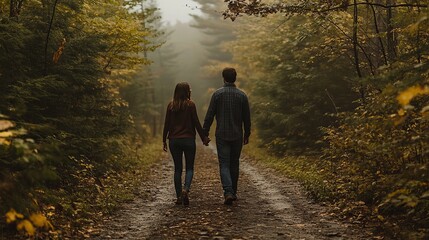 A couple walks hand-in-hand in nature, embracing and enjoying their engagement photo shoot.