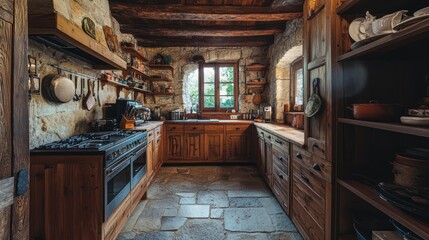 Cozy rustic kitchen with wooden cabinets and stone accents, designed for cooking and gathering.