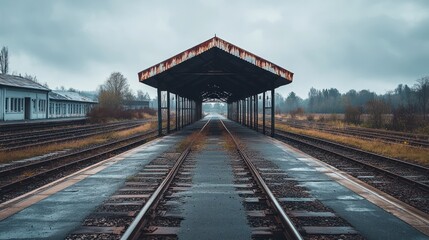 Fototapeta premium A deserted railway station under a cloudy sky, featuring tracks and an old shelter.
