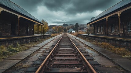 Naklejka premium A deserted railway station under a moody sky, with tracks leading into the distance.