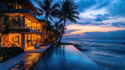 Obraz premium A luxurious beachfront villa at sunset, featuring an infinity pool and palm trees.