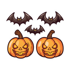  a cute and whimsical illustration of a smiling pumpkin with spooky bat