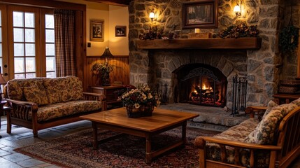 Cozy living room with a stone fireplace, wooden furniture, and warm lighting.