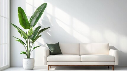 White sofa and potted plant against white wall in living room, simple minimalist design, high-resolution photography, insanely detailed, fine details, stock photo, professional col