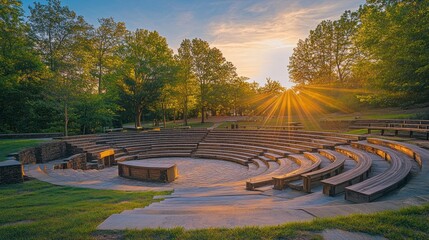 An outdoor amphitheater bathed in sunset light, surrounded by trees.