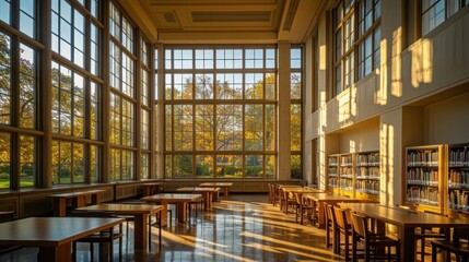 Fototapeta premium A bright library interior with large windows, showcasing autumn light and study spaces.