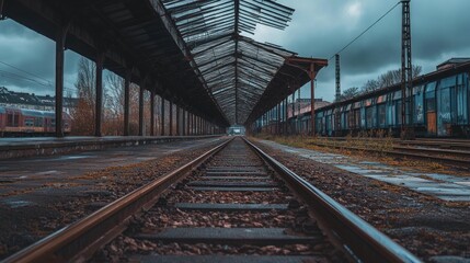 Obraz premium A deserted train station with overgrown tracks and a cloudy sky, evoking a sense of abandonment.
